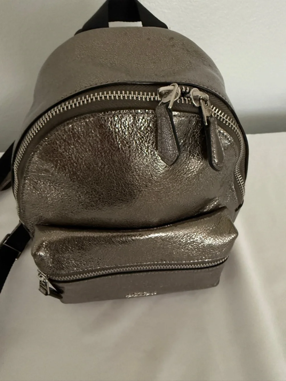 Coach Metallic Pewter Mini Backpack with Black Straps
